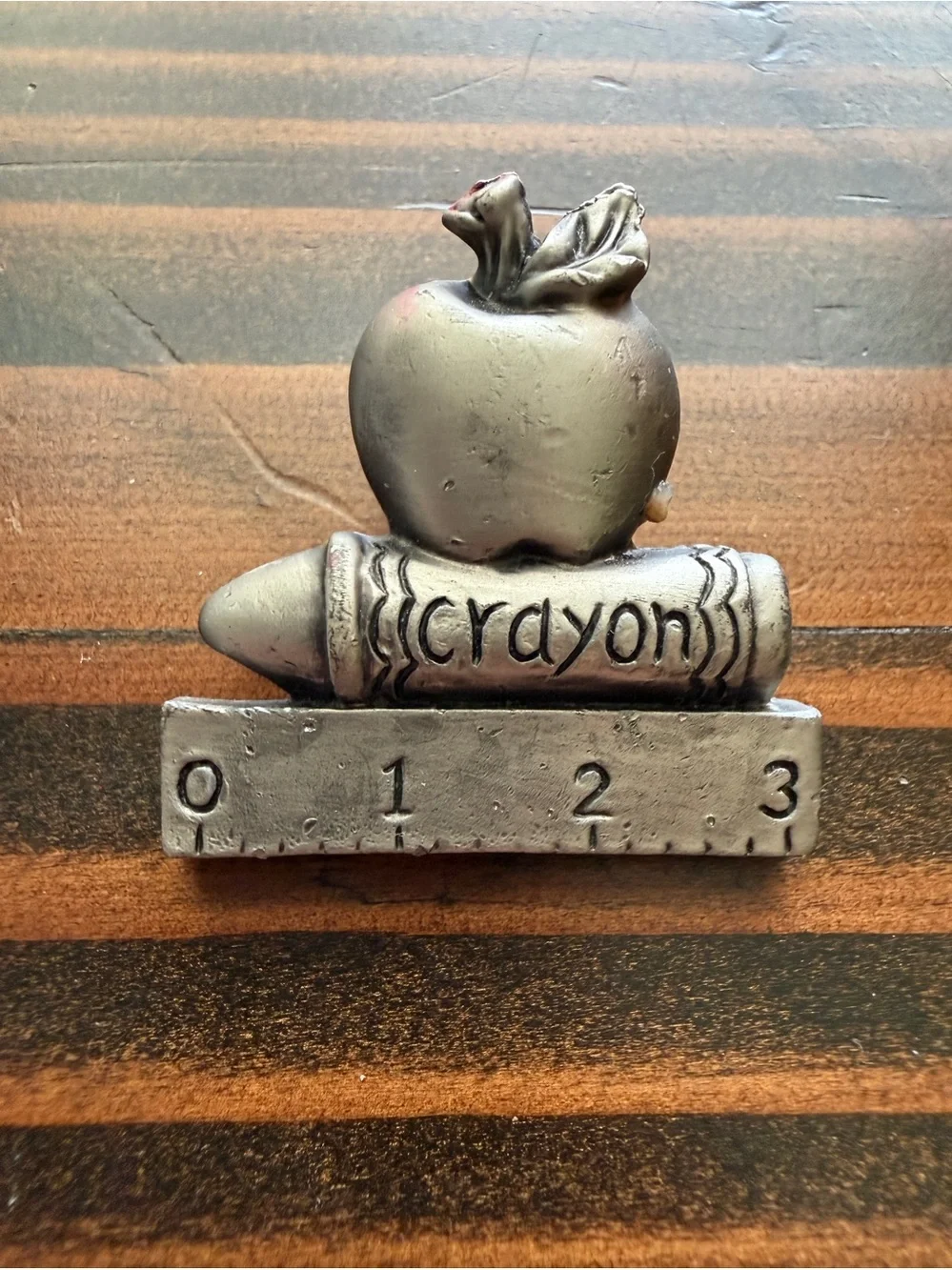 Vintage Teacher Brooch Pin Apple Crayon Ruler Pewter Tone School Educator 3”
